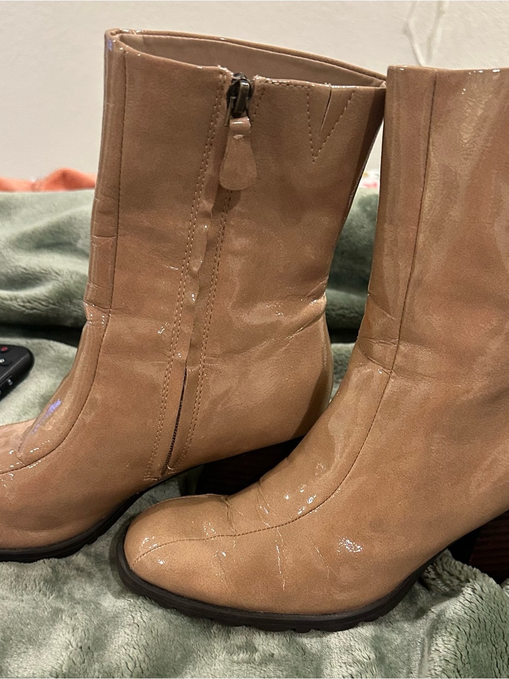Women’s Tan Mid-Calf Patent Leather Boots
